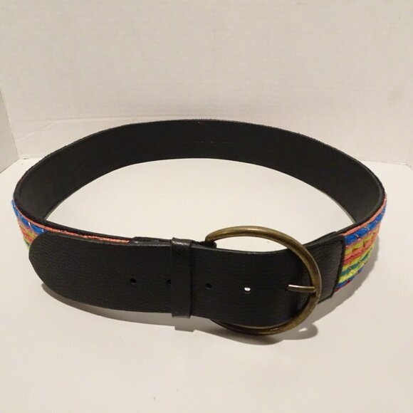 Chicos Belt Size M Black Leather Multicolored Braided Boho Metallic Thread - Picture 3 of 5